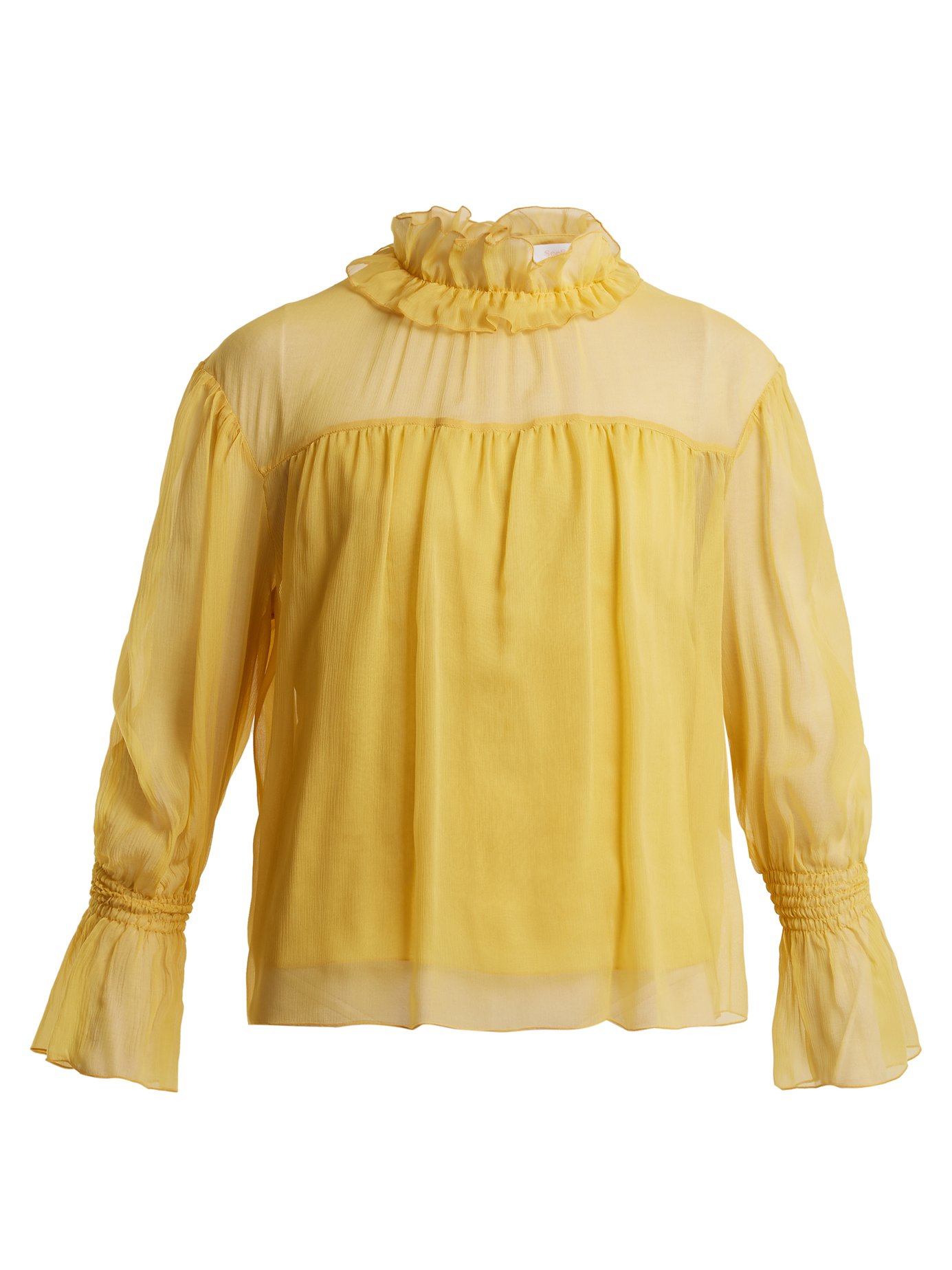 See By Chloé - Ruffled-Neck Silk Blouse - Yellow | FASHION STYLE FAN